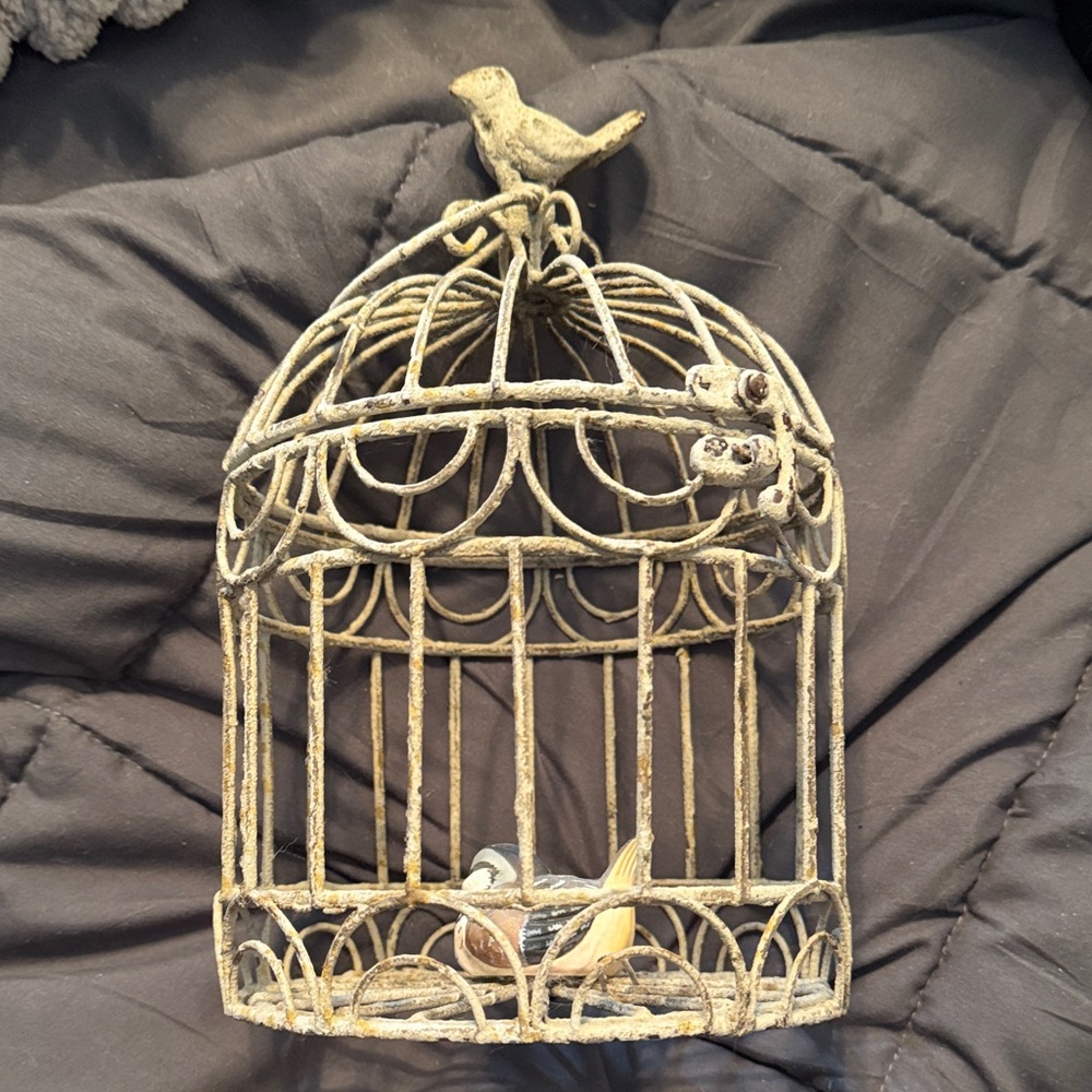 Vintage Style Decorative Birdcage with Perched Bird Accent - Distressed Cream